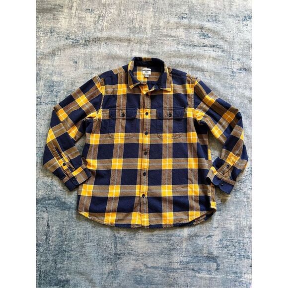 Old Navy Navy Blue Yellow Plaid Regular Fit Flannel Button Down Shirt XL - Picture 1 of 7